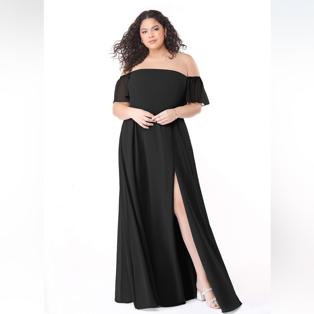 Azazie 30 Plus size A-Line Off the Shoulder Chiffon Floor-Length Dress black